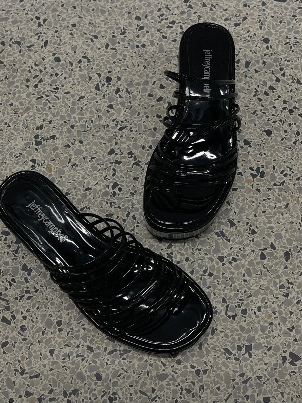 Jeffrey Campbell Black Patent Platform Slide Sandals